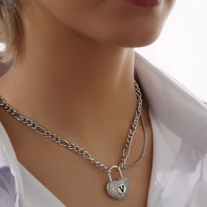 گردنبند قفل قلب نگین دار